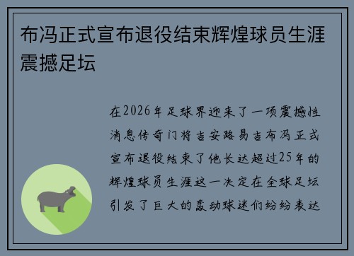 布冯正式宣布退役结束辉煌球员生涯震撼足坛
